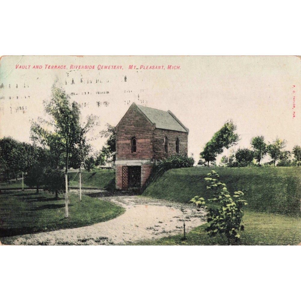 Mt Pleasant Michigan MI Postcard Riverside Cemetery Vault & Terrace PO Taylor